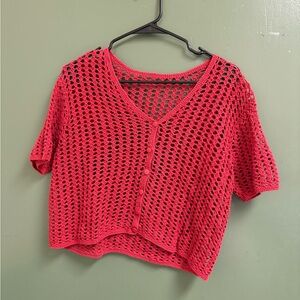 Red Crochet Button-Up Top